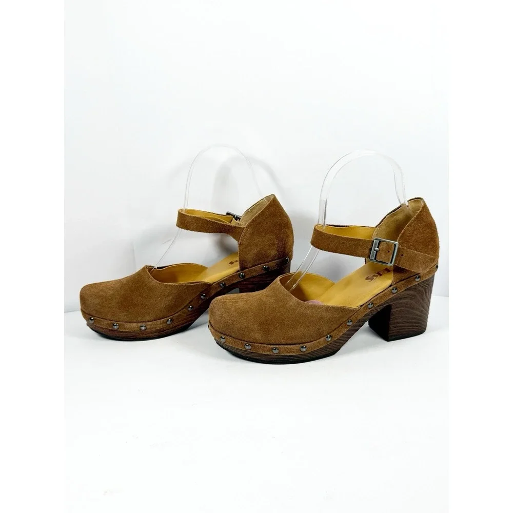 Korks Evah Clog Chunky Wood Block Heel Tan Suede Leather Studded Strap Y2K 7.5